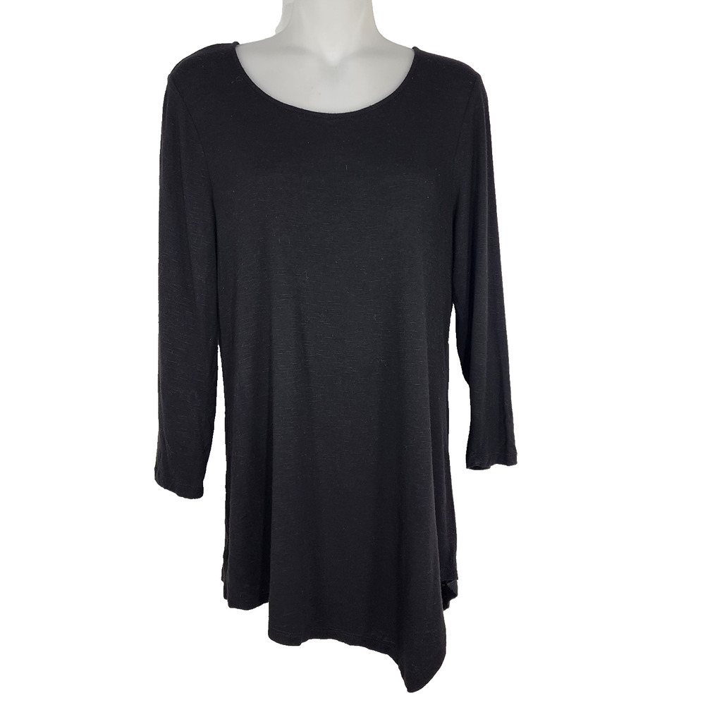 Chico's T Shirt Top Women Size 0 Small 3/4 Sleeve Round Neck Asymmetrical Black